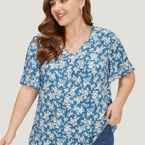BloomChic Floral Blue Flutter Sleeve Women's Top NWT 14-16